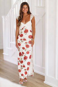 Flirtatious in Floral Maxi Dress Gown -Off White-HAZEL & OLIVE-Small-