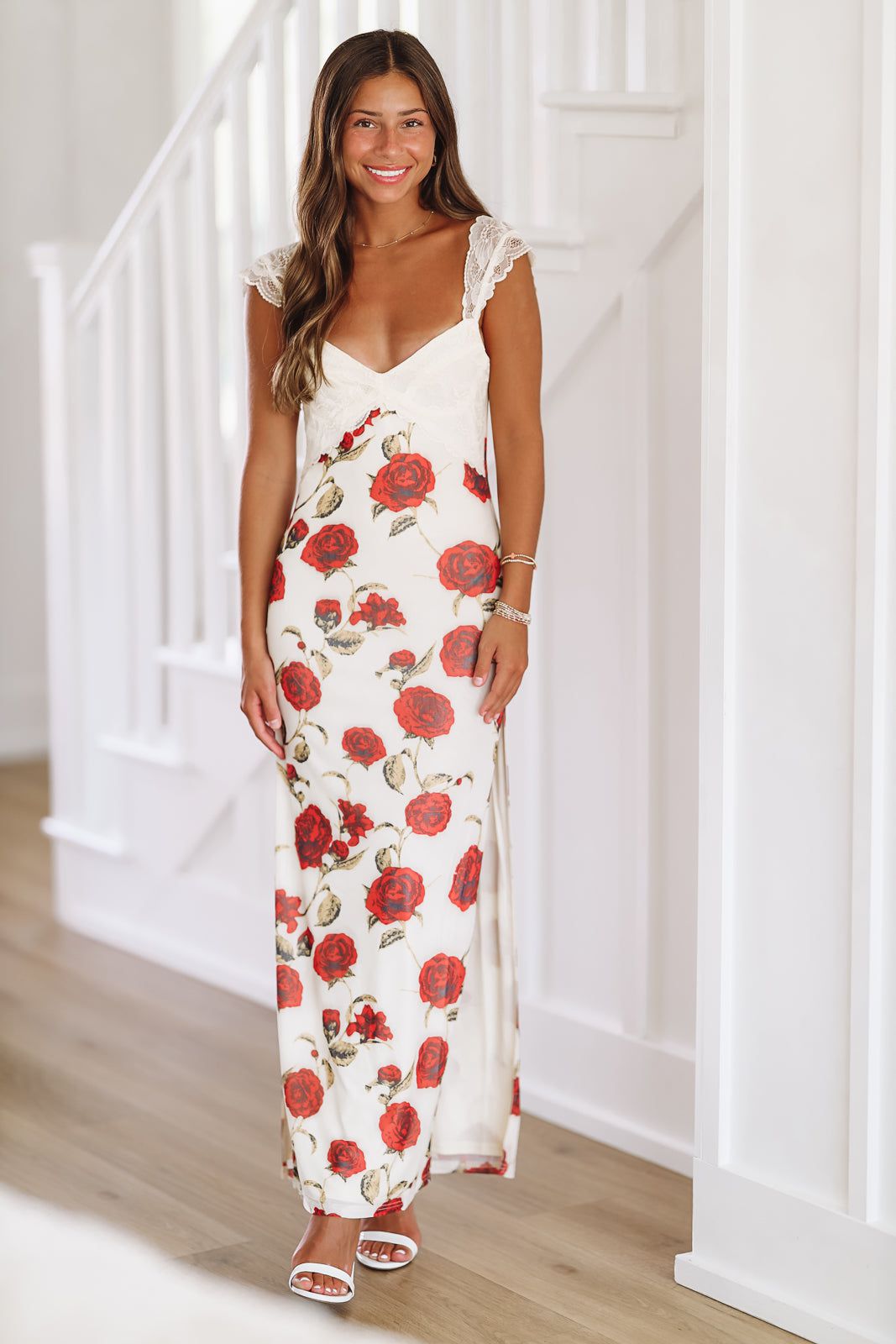 Flirtatious in Floral Maxi Dress Gown -Off White-HAZEL & OLIVE-Small-