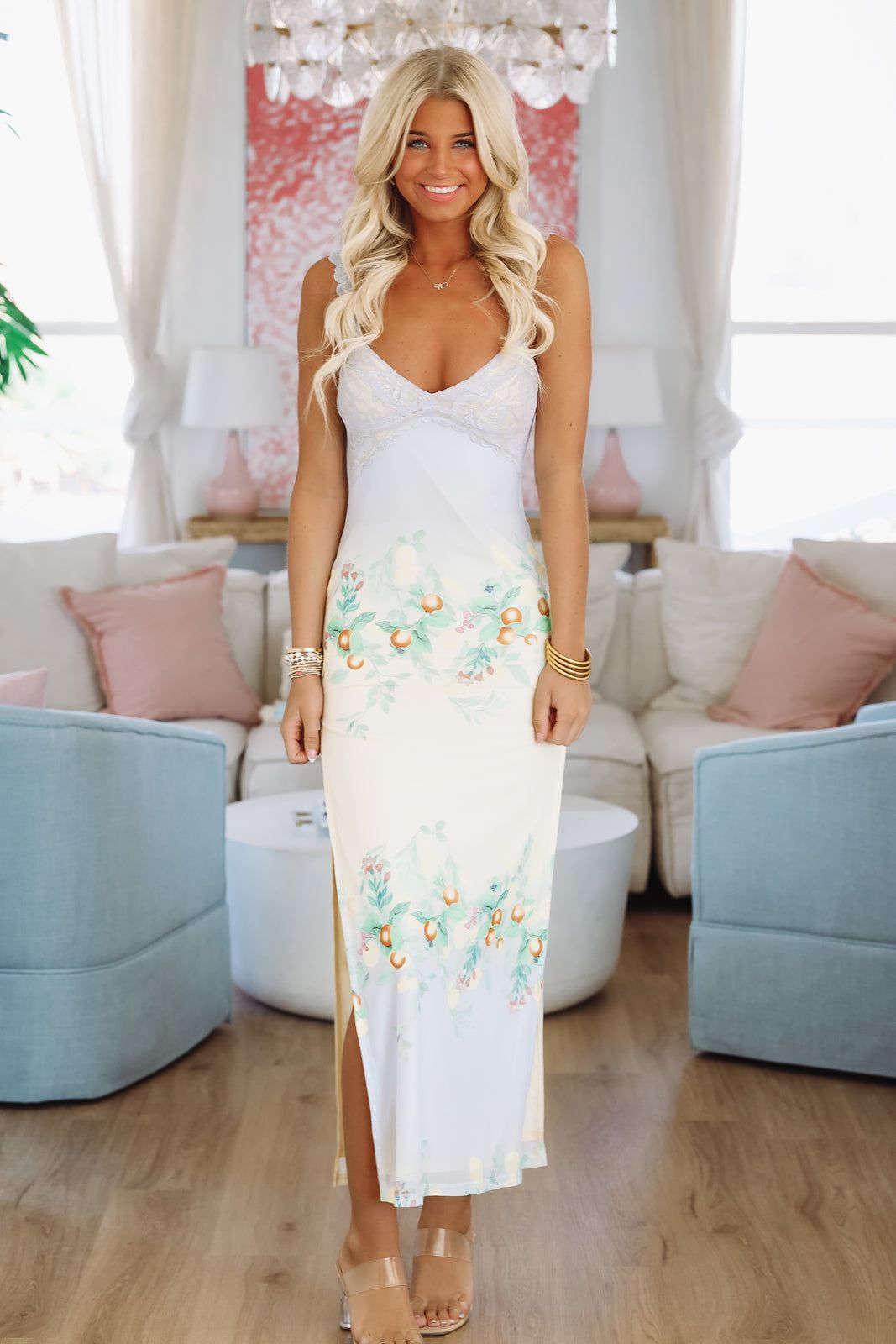 Flirtatious Maxi Dress Gown - Light Blue and Yellow Hazel & Olive Flirtatious Maxi Dress Gown - Light Blue and Yellow Hazel & Olive