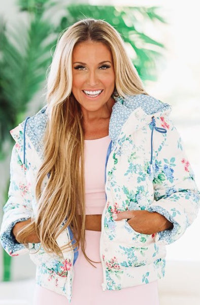 Floral Puffer Jacket - White and Blue
