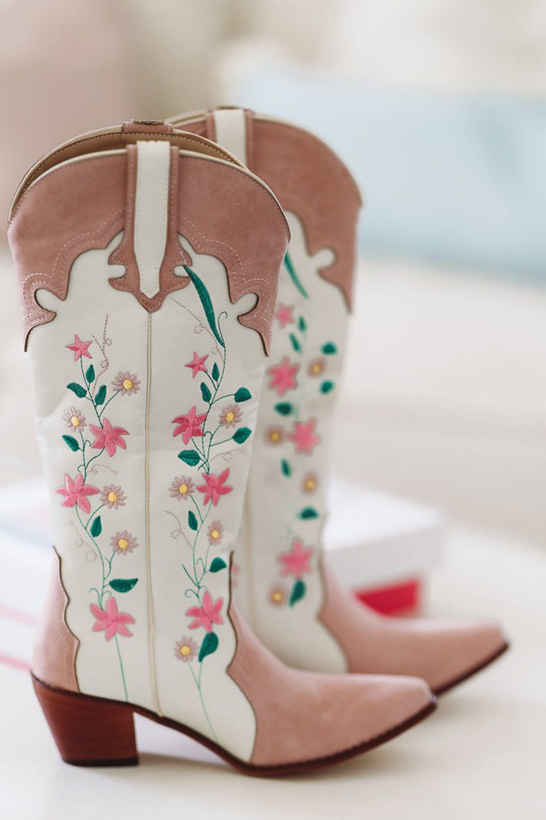 Flower Girl Embroidered Boots - Cream and Pink-HAZEL & OLIVE-5-