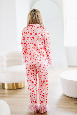 Hazel & Olive Galentines Heart Feather Pajamas Set - Pink and Red