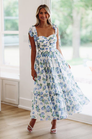 HAZEL & OLIVE Girly and Chic Maxi Dress - Ivory and Blue