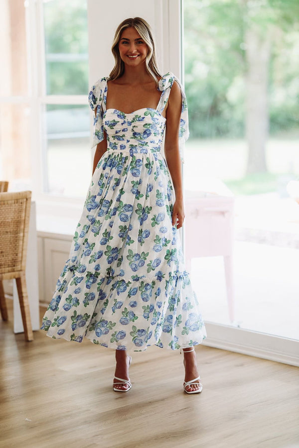 Girly and Chic Maxi Dress - Ivory and Blue-HAZEL & OLIVE-Small-