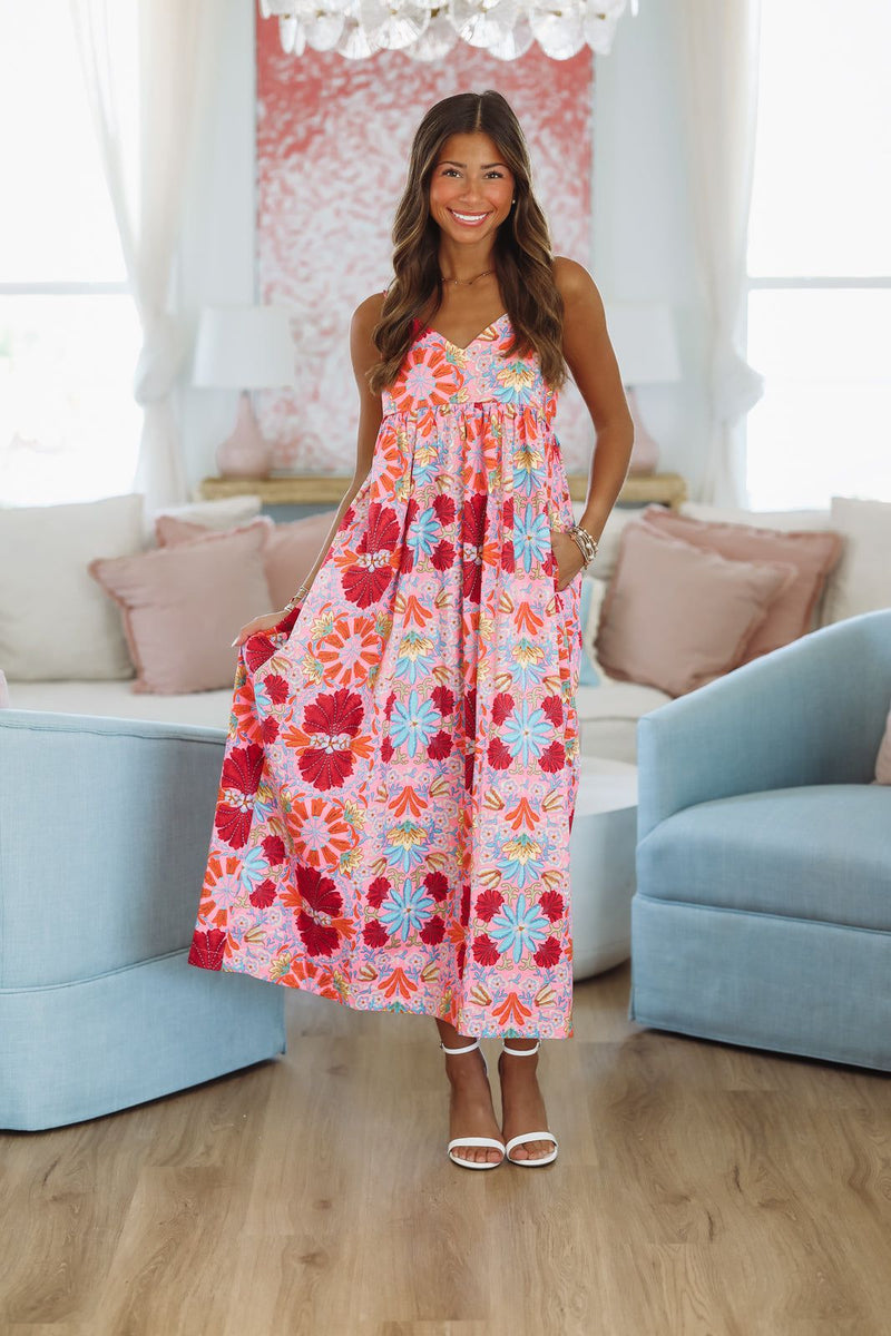 Go To Palm Springs Midi Dress - Pink Blue Yellow Orange - Small Go To Palm Springs Midi Dress - Pink Blue Yellow Orange - Small