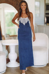Gone Country Lace Denim Maxi Dress - Dark Wash-HAZEL & OLIVE-Small-