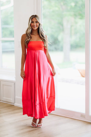 HAZEL & OLIVE Got The Invite Satin Maxi Dress - Pink and Red