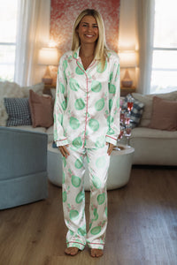 Hazel & Olive Grand Slam Slumber Pant and Top Pajama Set - White, Green and Pink