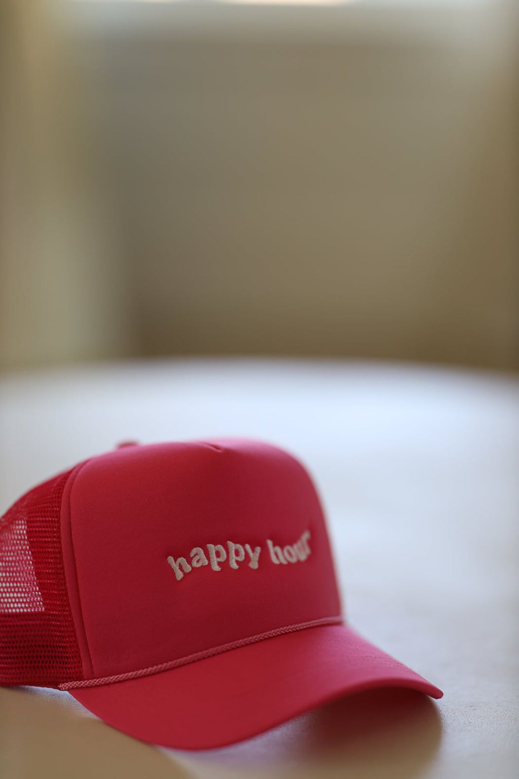 HAZEL & OLIVE Happy Hour Embroidered Trucker Hat - Pink