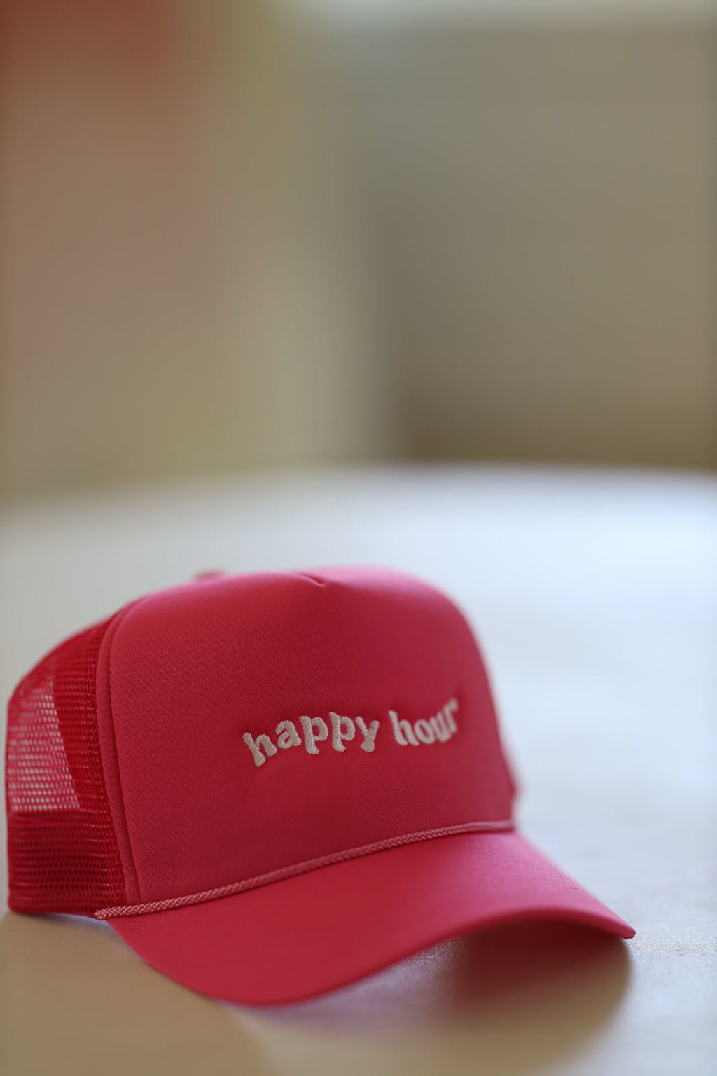 HAZEL & OLIVE Happy Hour Embroidered Trucker Hat - Pink