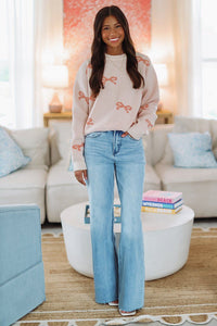 Happy You're Here Bow Sweater - Pink-HAZEL & OLIVE-Small-