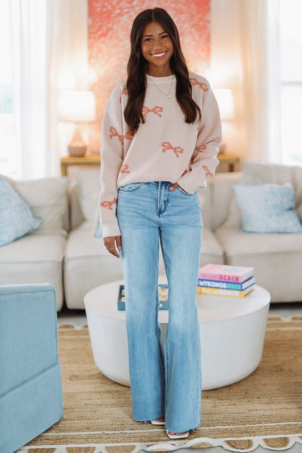 Happy You're Here Bow Sweater - Pink-HAZEL & OLIVE-Small-