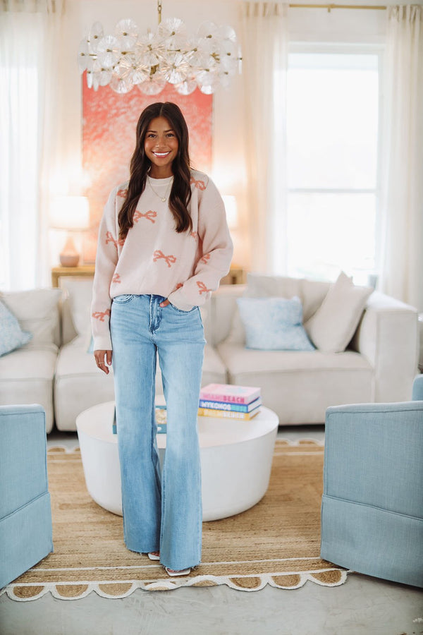 Happy You're Here Bow Sweater - Pink-HAZEL & OLIVE-Small-