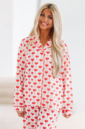 HAZEL & OLIVE Heart Dreams Pajama Top - White and Red