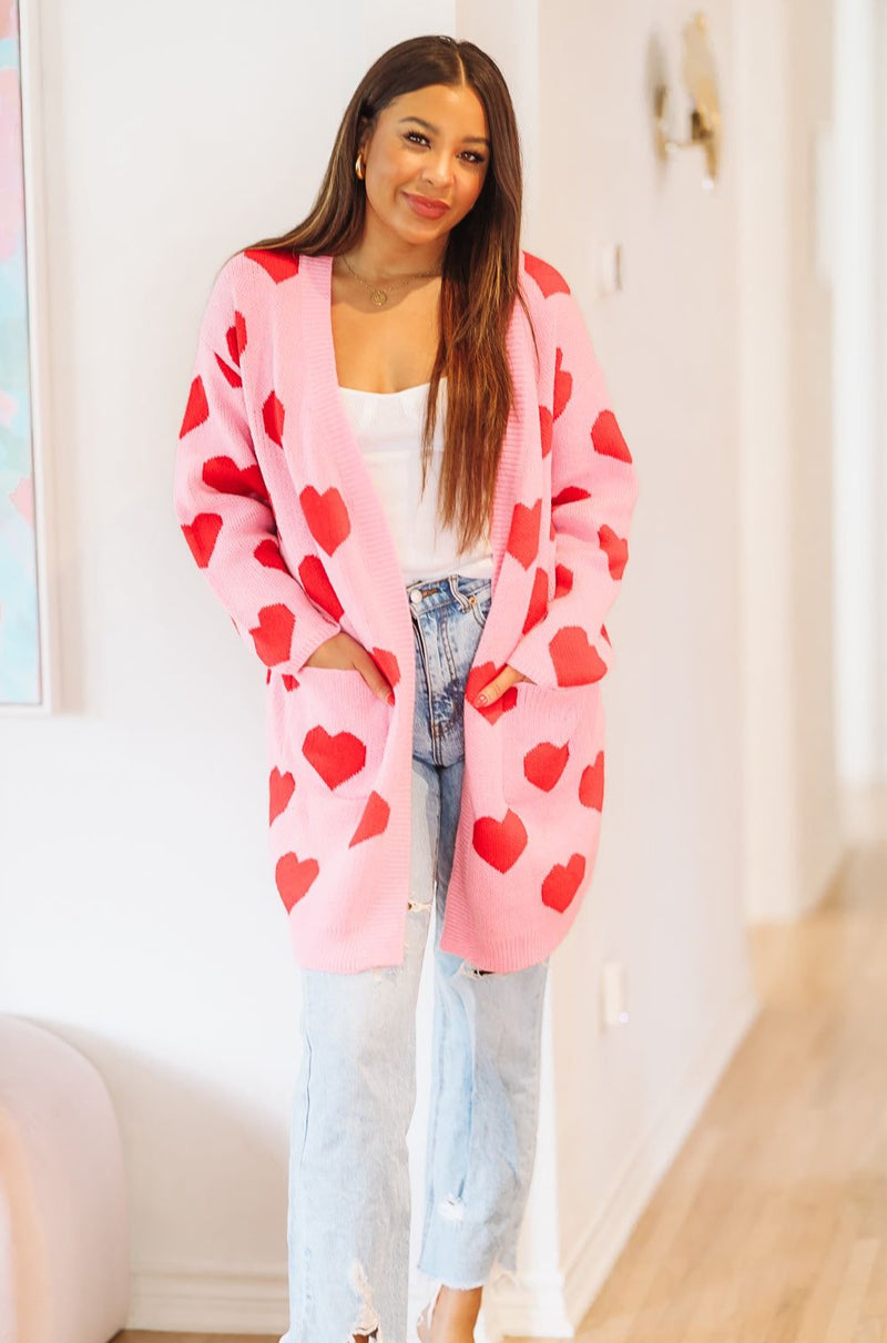 HAZEL & OLIVE Heart on Your Sleeve Cardigan - Pink and Red