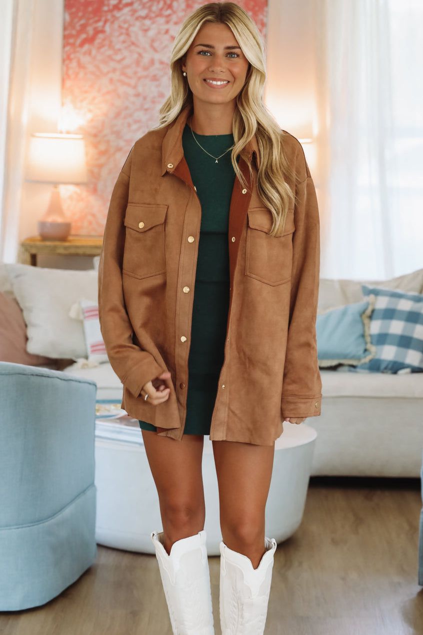 Hazel & Olive HF25A870 Autumn Cider Button Down Shacket - Camel