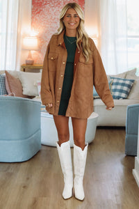 Hazel & Olive HF25A870 Autumn Cider Button Down Shacket - Camel