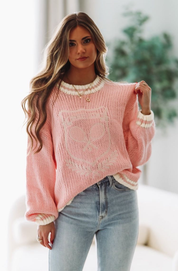 HAZEL & OLIVE Hit the Slopes Embroidered Knit Sweater - Light Pink and Ivory