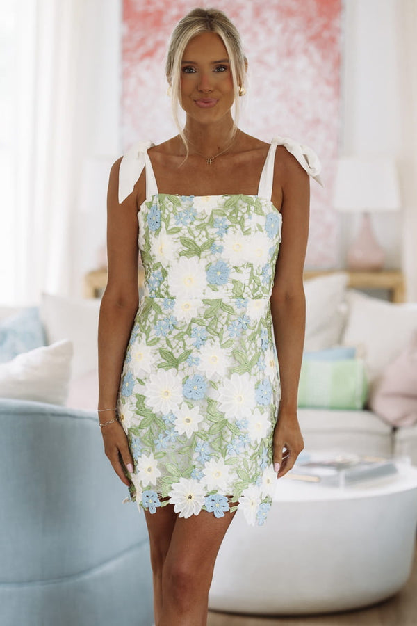 Hazel & Olive HSD510016 Daisy Lace Mini Dress - White, Blue, Green and Yellow