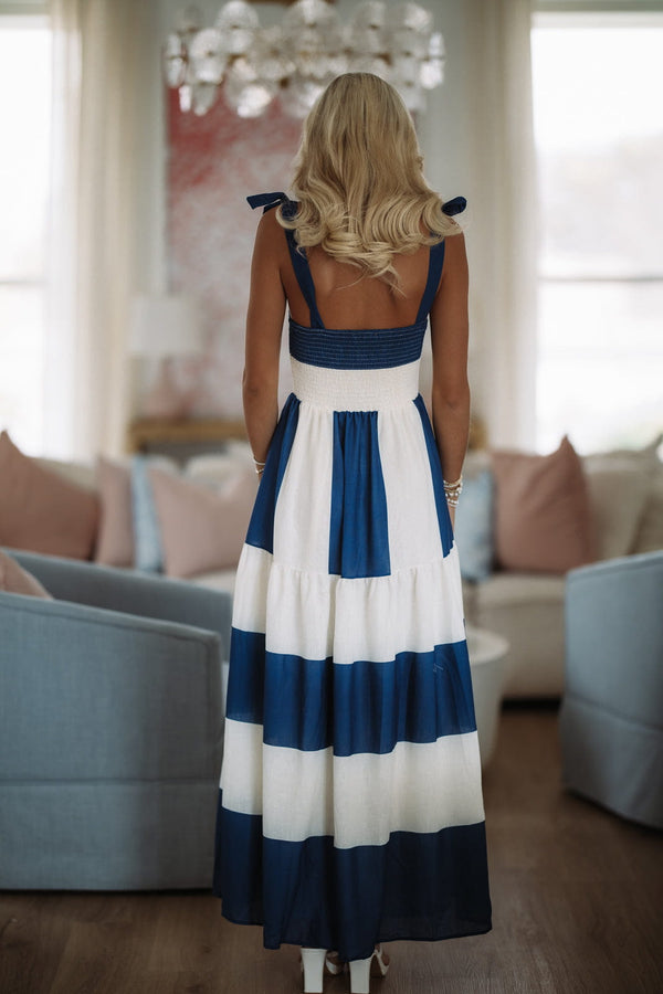 Hazel & Olive ID23364 Harbor Heat Maxi Dress - Off White and Navy