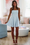 Pleats and Flare Stretchy Linen Mini Dress - Light Blue-HAZEL & OLIVE ID7813-Small-