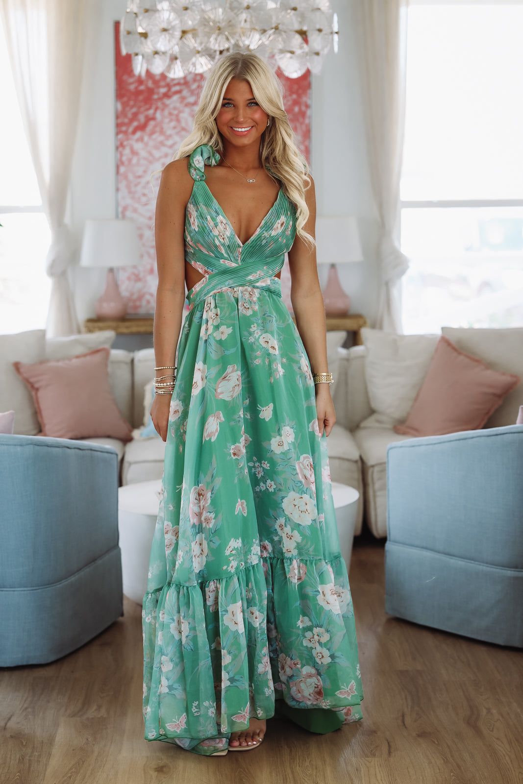 olive green floral dress Sleeveless Hand Embellished Maxi or dressing up with accessories SHEIN BAE Women's Elegant Olive
