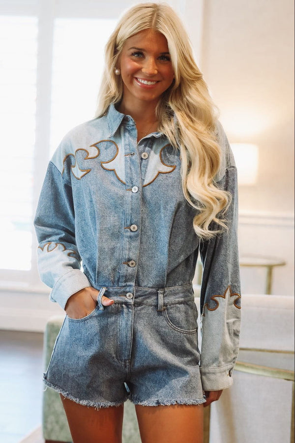 Hazel & Olive IR2303 Saddle Stitch Denim  Romper - Denim