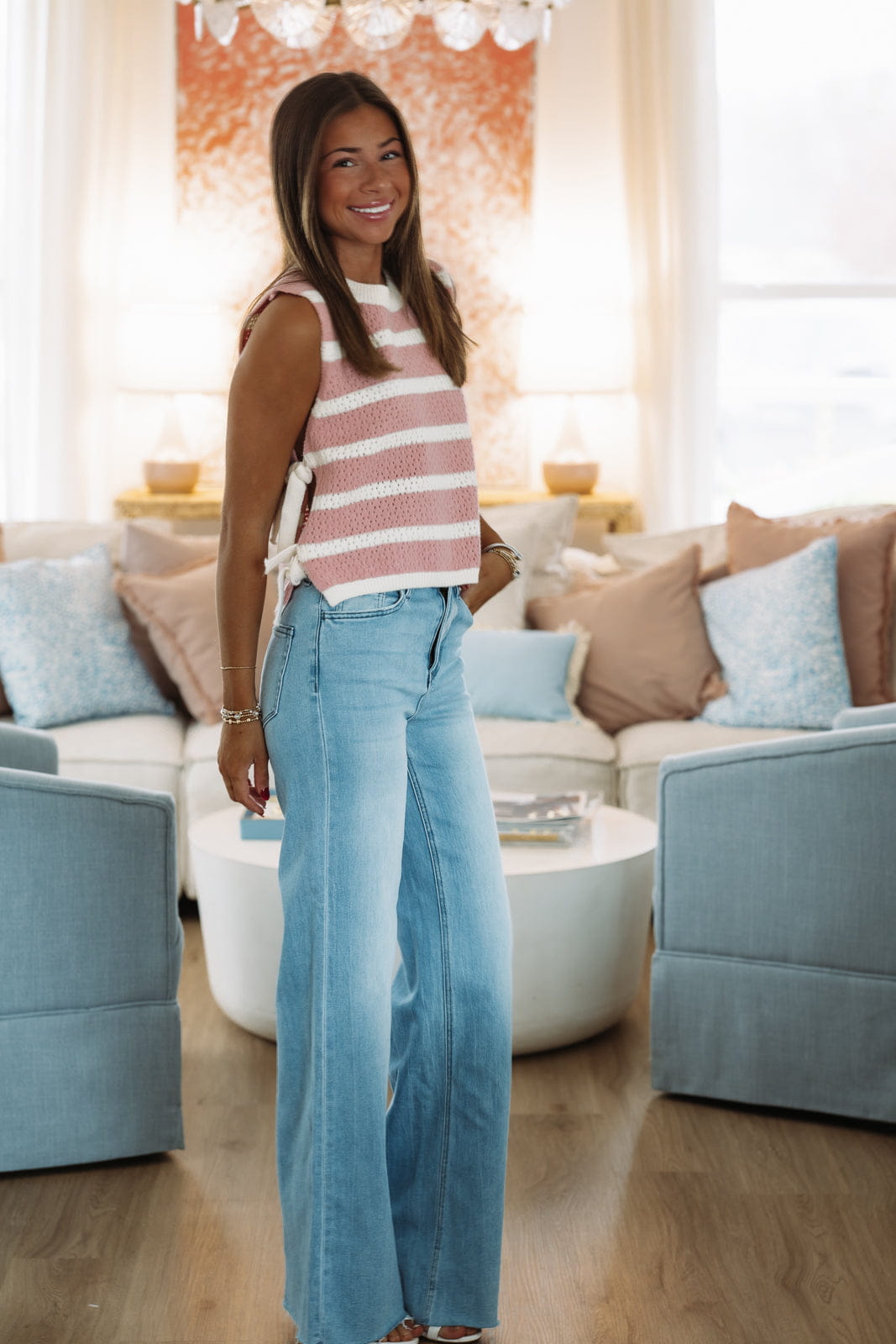 HAZEL & OLIVE IT3515/06 Pretty Edgy Vest Top - Pink and Cream