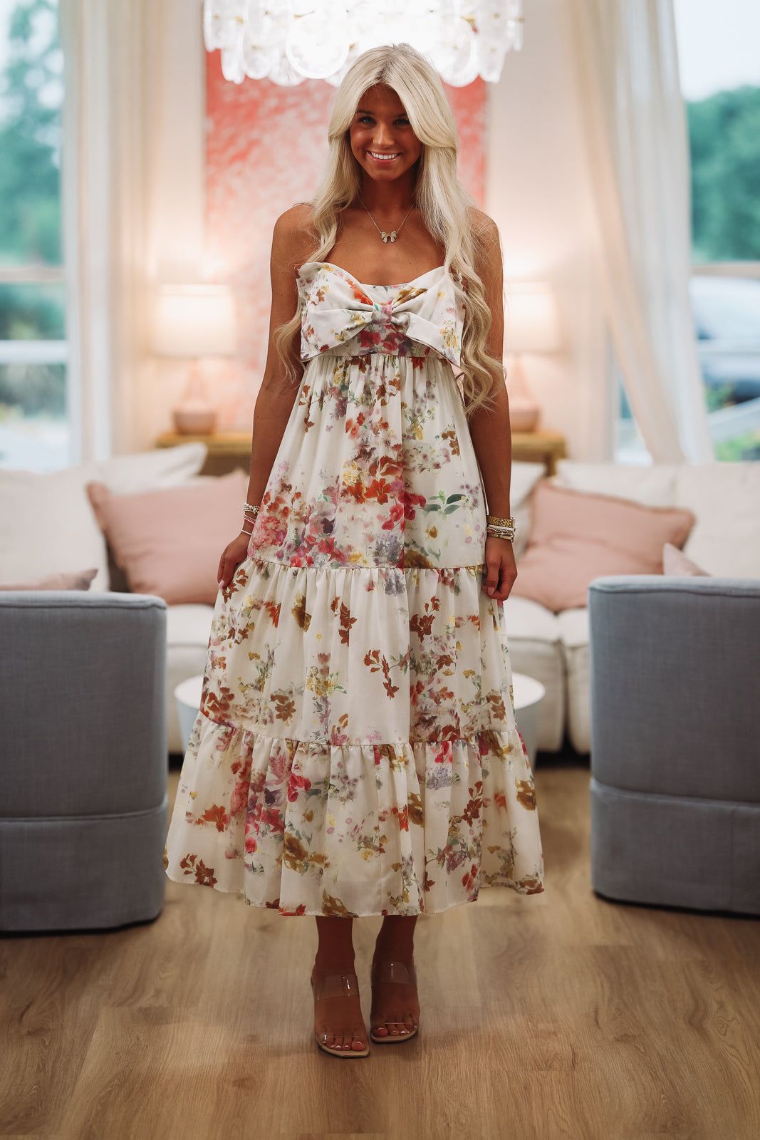 chinese dress ladies Cream Floral Smocked Long Sleeve Maxi Dress PinkBlush chinese dress ladies Cream Floral Smocked Long Sleeve Maxi Dress PinkBlush