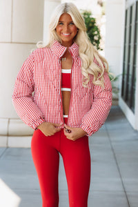 Hazel & Olive JK10017/RED Hearts Beat Loud Gingham Puffer Jacket - Red and white