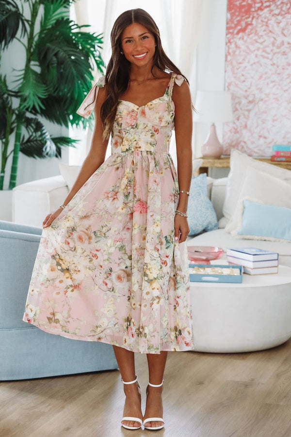 Keep the Flowers Midi Dress - Blush, Cream and Green-HAZEL & OLIVE LD1780-Small-