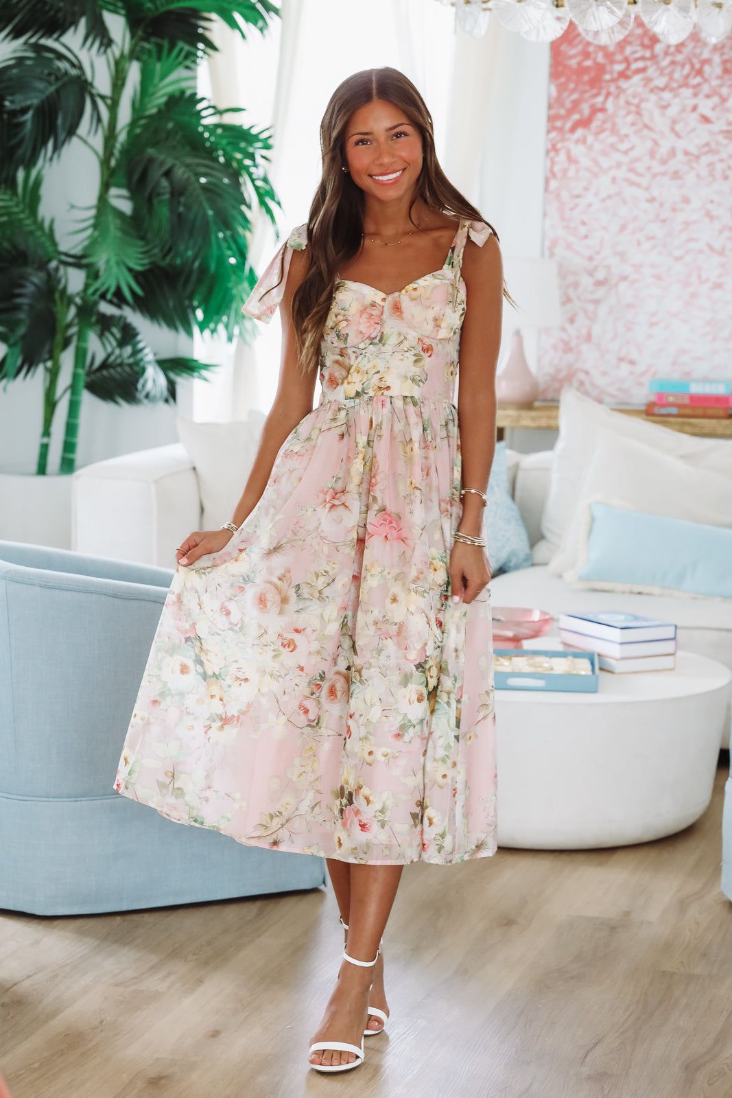 Keep the Flowers Midi Dress - Blush, Cream and Green - Small Keep the Flowers Midi Dress - Blush, Cream and Green - Small