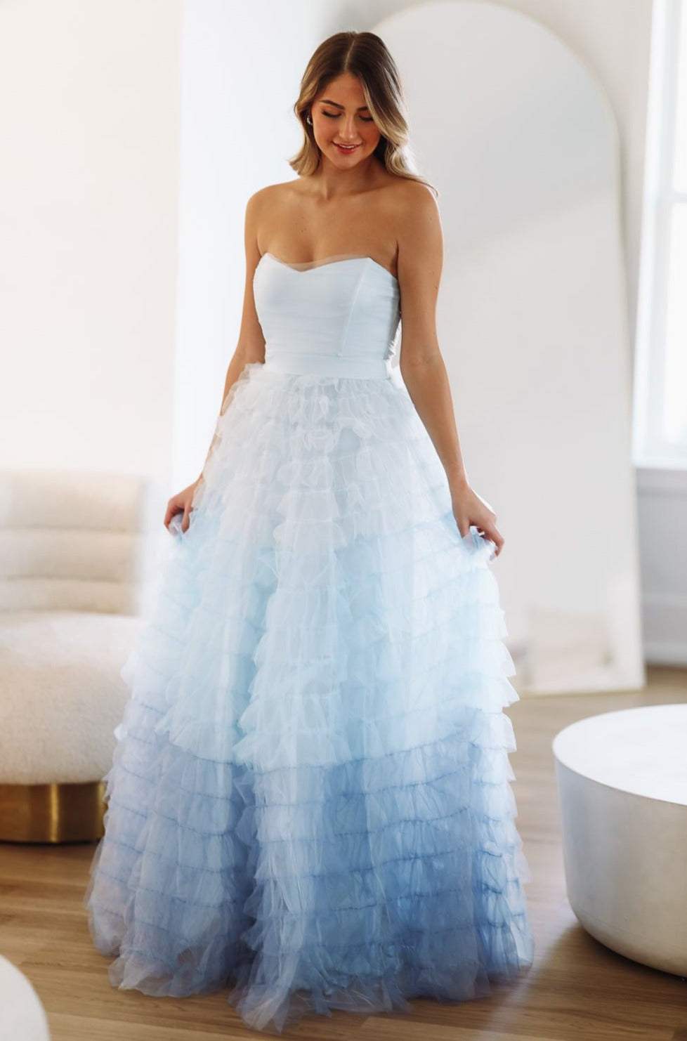 light blue maxi dress for wedding Elaine Chiffon Beaded / Sky | MESHKI perfect for a memorable night Light Blue Wedding Guest Dress