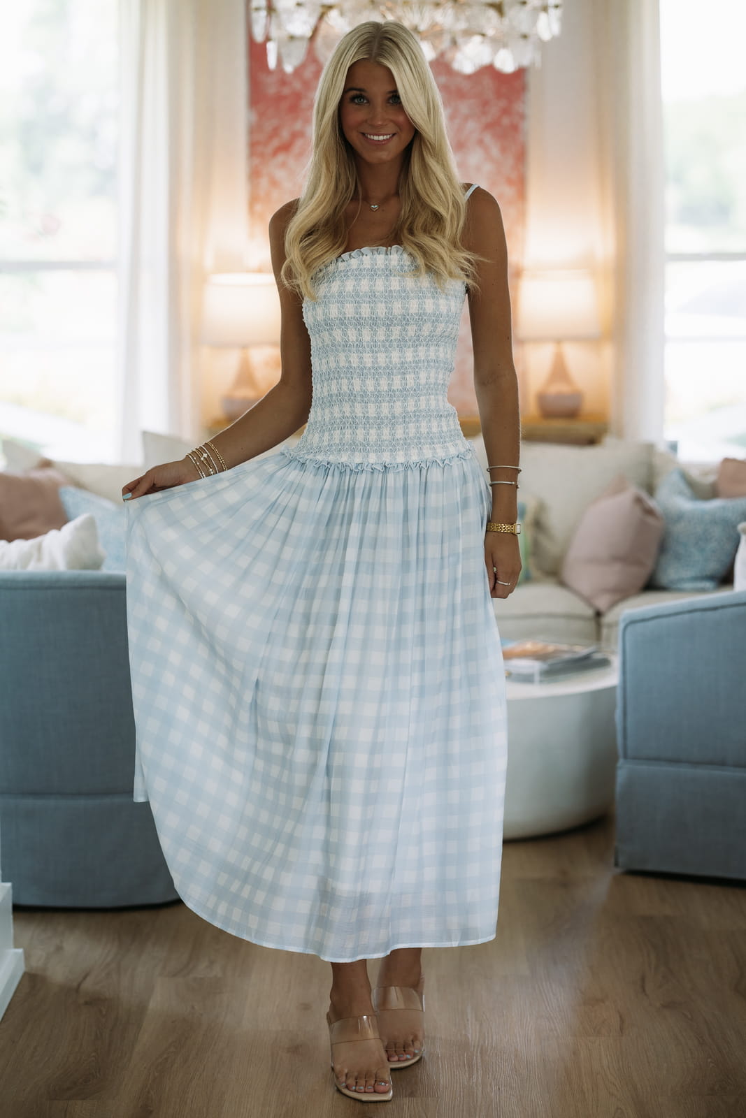 blue gingham maxi dress Dreams Drift By Maxi Dress