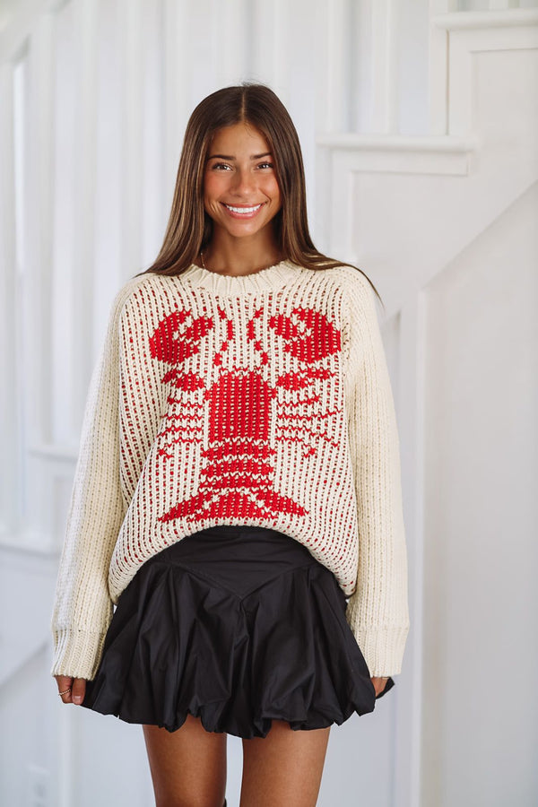 Looking For My Lobster Sweater - Beige and Red-HAZEL & OLIVE-XSmall-