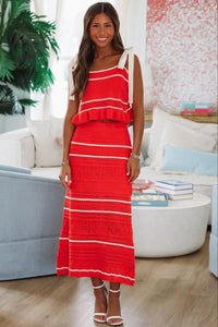 Loving Myself Crochet Knit Midi Skirt - Red and Cream-HAZEL & OLIVE-Small-