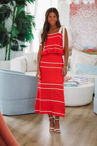 Loving Myself Crochet Knit Midi Skirt - Red and Cream-HAZEL & OLIVE-Small-