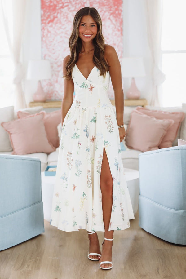 Lush Bouquets Midi Dress - Cream-HAZEL & OLIVE MD5592A-Small-