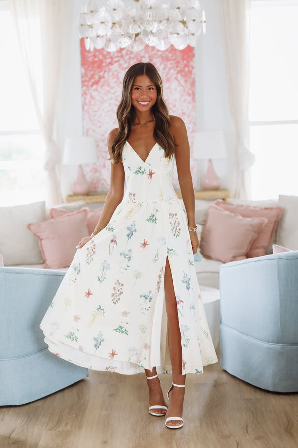 Lush Bouquets Midi Dress - Cream-HAZEL & OLIVE MD5592A-Small-