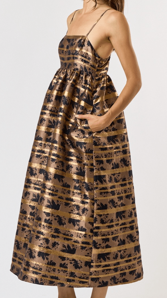 Make it Right Metallic Midi Dress - Black and Taupe-HAZEL & OLIVE-Small-