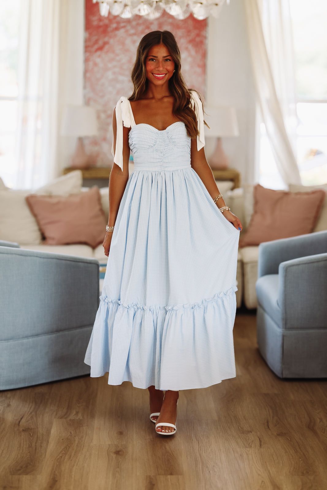 Beneath the Beach House Lights Midi Dress - Blue and White - Small Beneath the Beach House Lights Midi Dress - Blue and White - Small