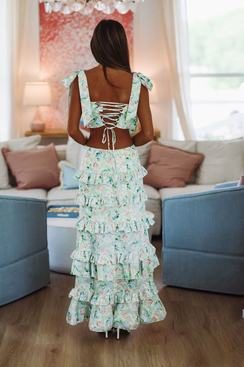 Spring Muse Print Ruffle Maxi Skirt - Green-HAZEL & OLIVE MST7851A-Small-