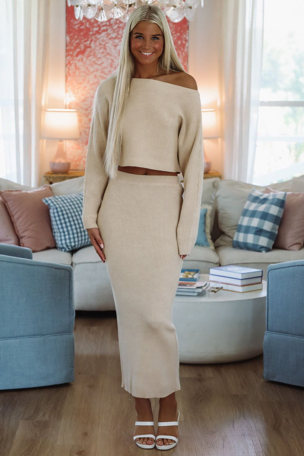 Still Waiting Knit Crop Top and Midi Skirt Set - Light Taupe-Hazel & Olive MST8056-Small-