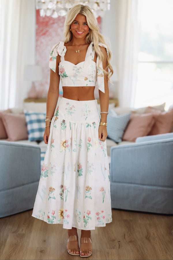 Good Morning Sunshine Crop Top and Midi Skirt Set - Yellow and White