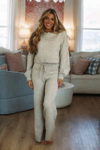 Hazel & Olive MST8583 Cozy Cocoa Off Shoulder Top and Pants Set - Light Mocha