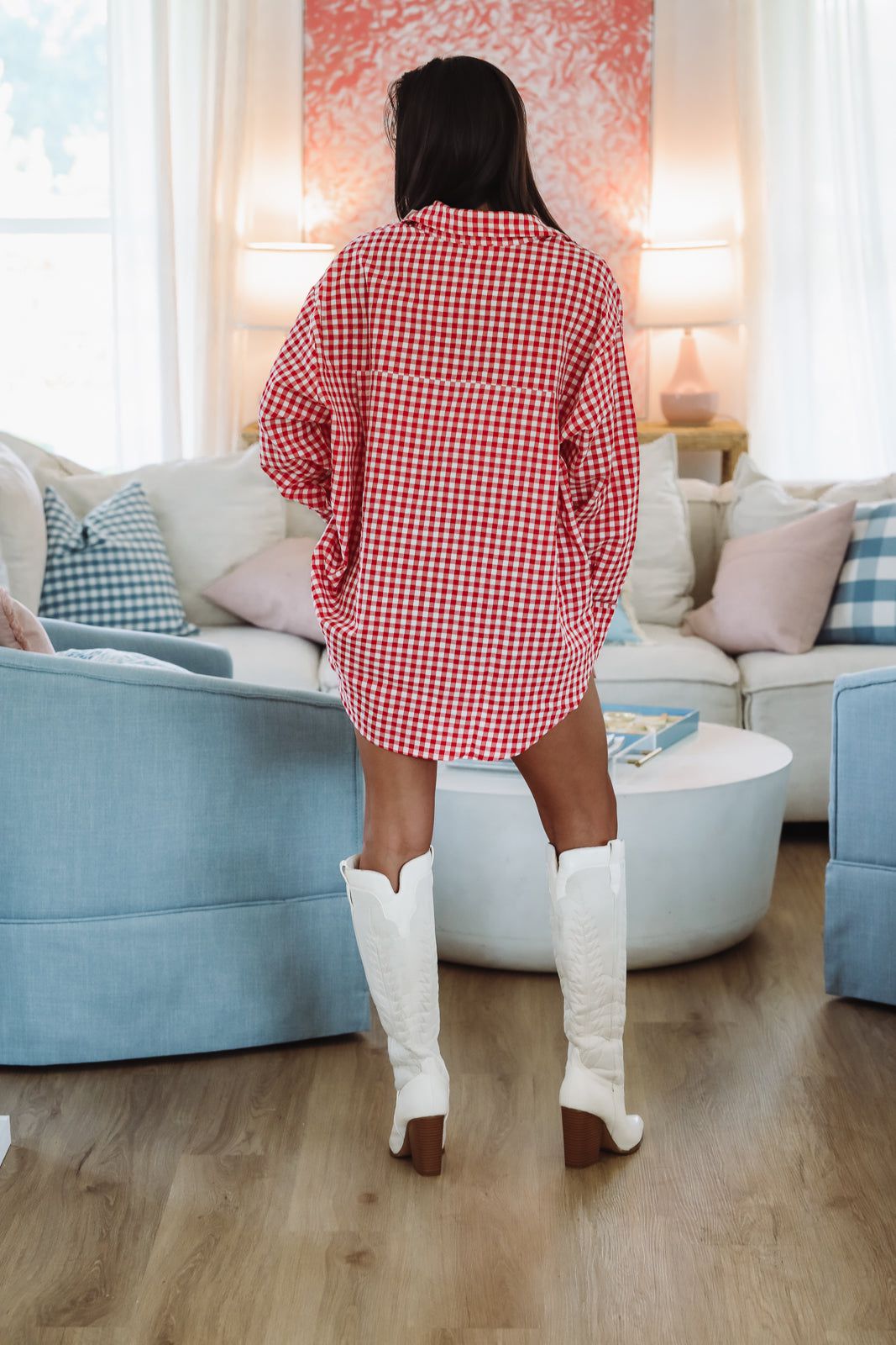 Hazel & Olive MT1595 Cherry Pie Check Oversized Button Down Top - Red and White