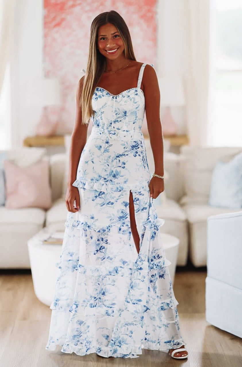 Must Be Love Floral Maxi Dress - Blue and White-HAZEL & OLIVE-Small-