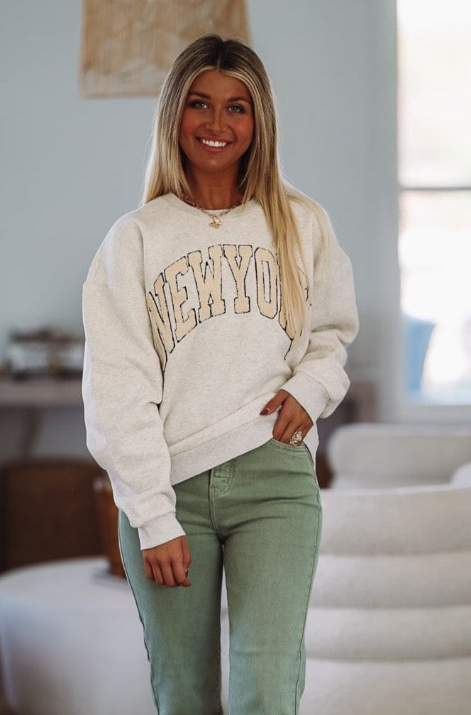 HAZEL & OLIVE New York Pullover Sweatshirt - Light Grey