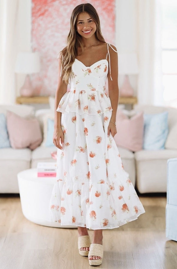 Nobody Like You Floral Midi Dress - White and Peach-HAZEL & OLIVE-Small-