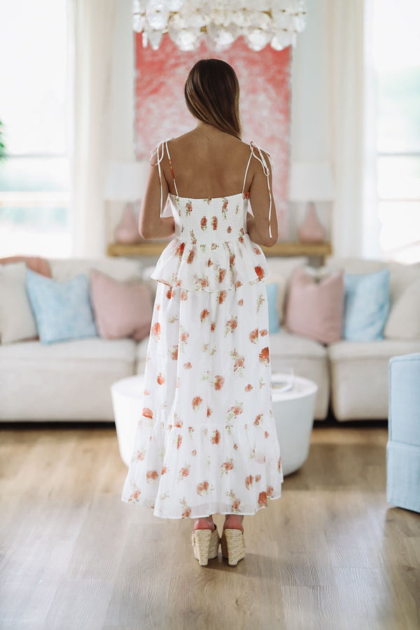 Nobody Like You Floral Midi Dress - White and Peach-HAZEL & OLIVE-Small-